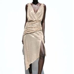 Zara NWT Asymmetrical Cream Sequin Dress